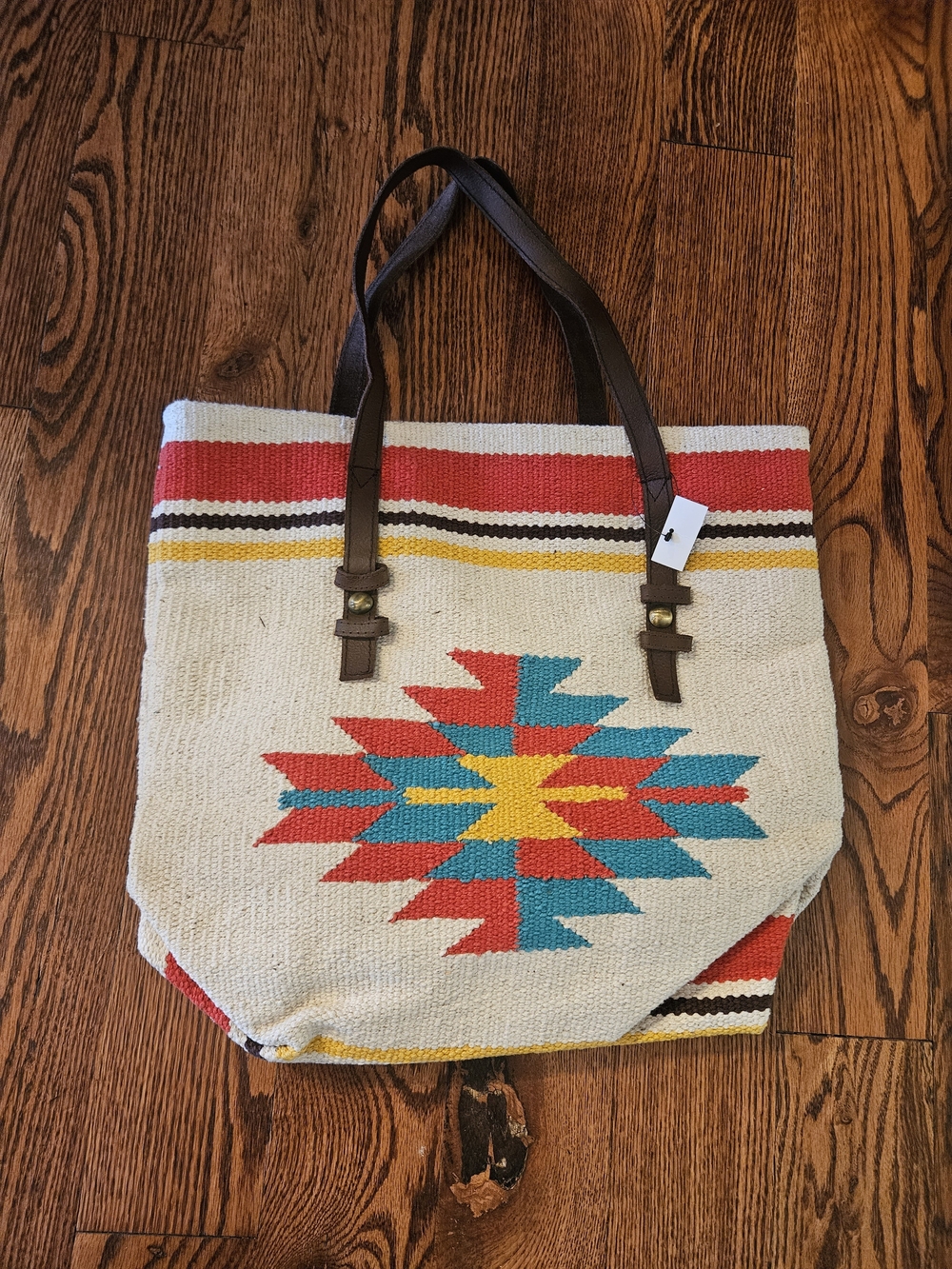 Handwoven Aztec Pattern Canvas Tote Bag with Brown Handles